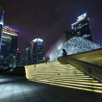 Guangnzhou Opera House at night with skyline